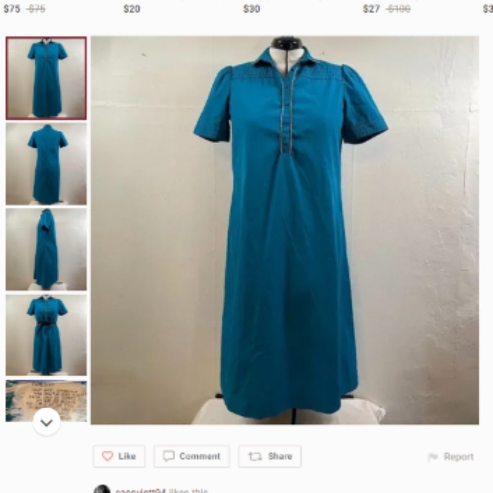 50's Diner-Chic Vintage Leslie Fay Teal Shirt Dress with White Piping Size XL